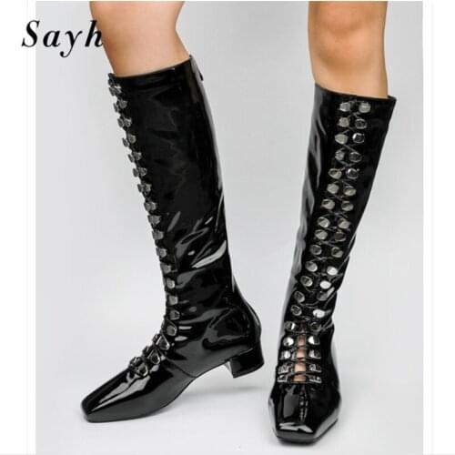 Female Gladiator Rome Boots Winter Knee High Boots Leather Riding Boots Lace Up Rivet Hollow out Boots Heels Shoes Size Plus