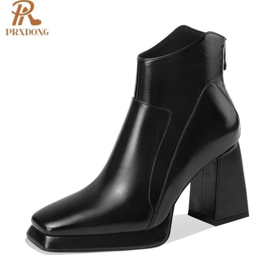 2021 New Women Boots Genuine Leather Concise Female Ankle Boots High Heels Platform Women Shoes with Zipper Square Toe Lady 2021