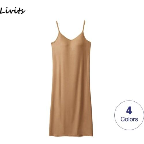 Women Dresses Built-in Bra Padded Stretchable Modal Slip Midi Dress Sleeveless Sexy Casual Korean SA1007