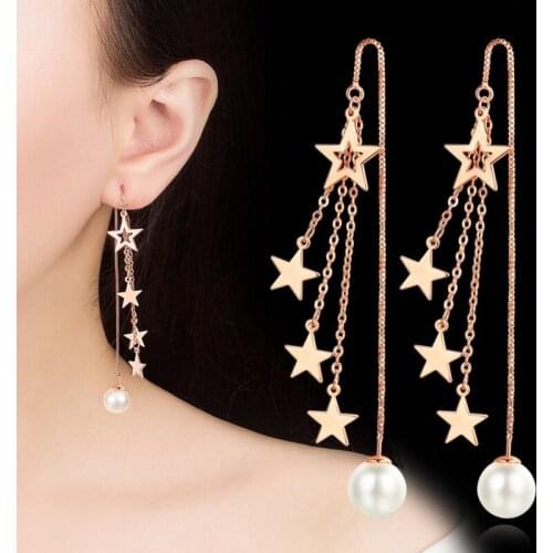 Ladies Tassel Earring Fashion Elegant Earrings Long Tassel Five-pointed Star Pearl Retro Jewelry Drop Earrings for Women Gifts