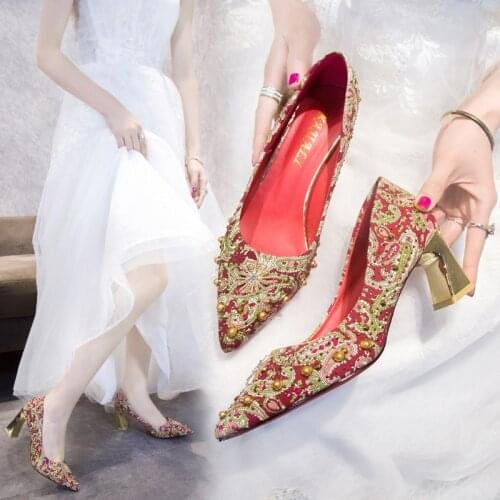 Womens Stiletto Heels, Chinese Style Embroidered Red Wedding Shoes for Brides