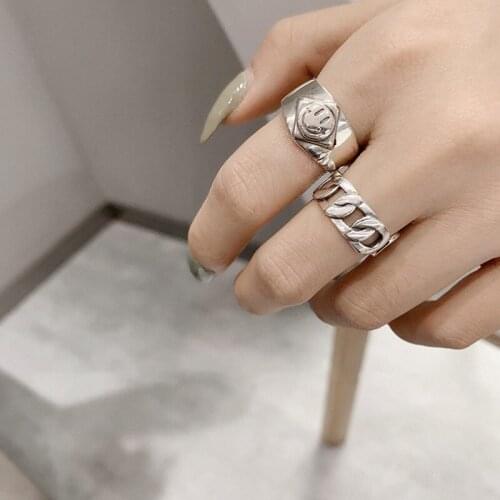 VENTFILLE 925 Sterling Silver Wide Rings New Trendy Hip Hop Vintage Simple Hollow Chain Girl Party Jewelry Couples Accessories