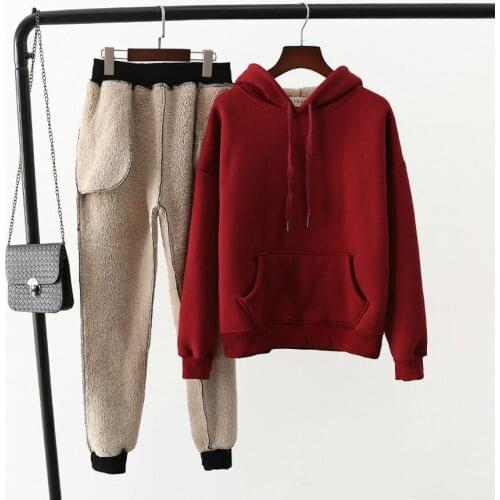 Winter Plus Size Hoodies Pants Womens Sets Solid Thick Pullover Sweatshirts Ladies Loose High Waist Pant 2 Piece Set Female