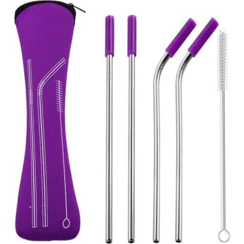 100set/lot Colorful Reusable Silicone Tips Cover Stainless Steel Straight Bent Drinking Straws With Brush Set Bar tool
