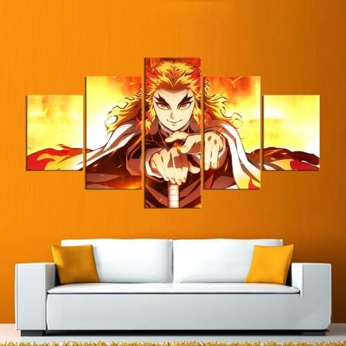 5 Pcs Anime Kimetsu No Yaiba Rengoku kyojuro HD Paintings Wall Art Home Decor Canvas Pictures Posters Decoration Accessories