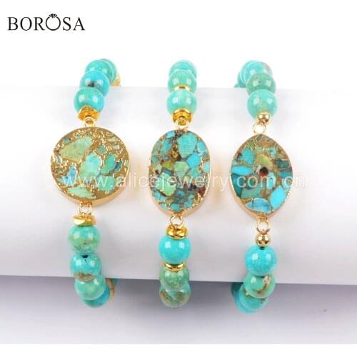 BOROSA 3PCS Gold electroplated Natural Copper Turquoises With 8mm Natural Turquoises Beads Bracelet Howlites Charm Bangle G1719