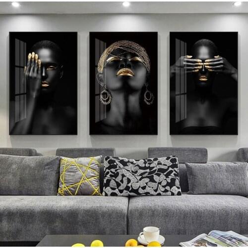 Black gold African sexy modern black beauty art Scandinavian woman Nordic style painting posters and living room murals on canva