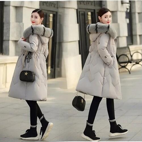 Elegant Lady Long Winter Coat Embroidery Slim Waist Fur Collar Hooded A-Line Overcoat High End Thick Warm Down Cotton Parkas