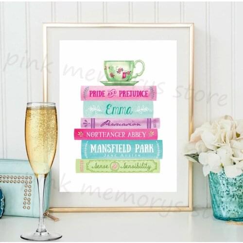 Jane Austen Wall Art Canvas Painting Book Stack Literary Art Poster Pride and Prejudice Prints Book Lover Gift Study Home Decor