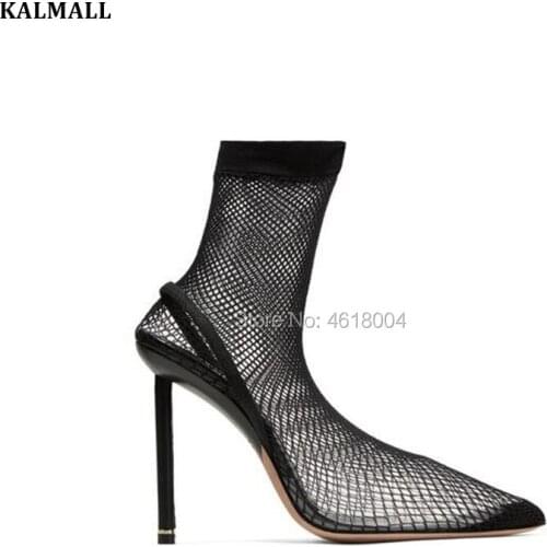 KALMALL Sexy Women Fishnet Sandal Boots Gladiator Caden Heels Cut Outs Mesh Ankle Boots PVC Pointed Toe Boots Summer Runway 2018