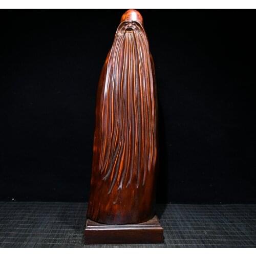 13"China Lucky Old Thuja plicata Hand-carved Birthday star statue Long beard God of Longevity Standing Buddha Office Ornaments