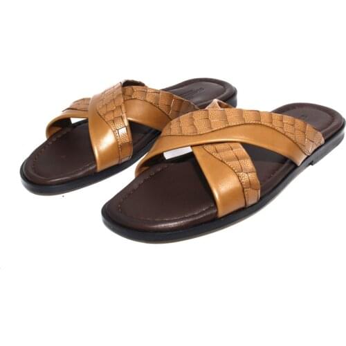 SHENBINS Premium Full Leather Sliders, Leather Soles, Soft Insoles, Tobacco & Brown Slippers Outdoor Sport Slides