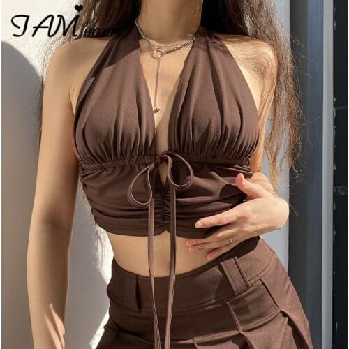 Y2k Casual Lace-up Brown Crop Top Women Fashion Halter Summer Bra Backless Milkmaid Cami Tops Beach Streetwear Female Iamhotty