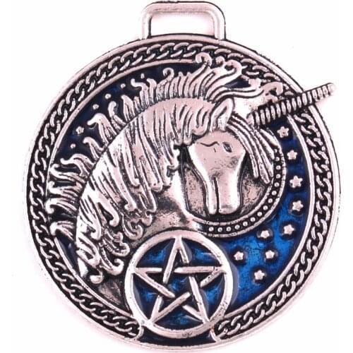 Unicorn pendant with blue enamel-Medieval unicorn with star chain pendant