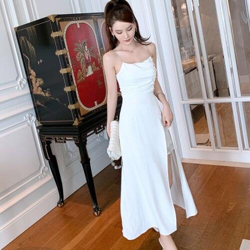 Fashion French Vintage Sexy Strap Sleeveless Maxi Party Dress Ladies Elegant Coffee Break Lace Patchwork Rhinestone Beach Dress