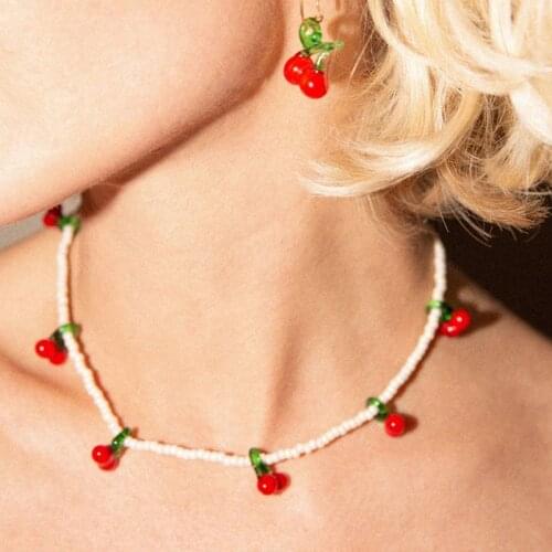 Fashion Cute cherry fruit necklace handmade freshwater pearl beaded choker summer trend clothing accessories gift for girl