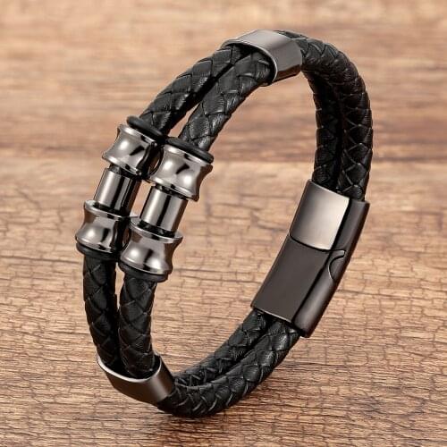 Fashion Stainless Steel Leather Bracelet Geometric Pattern Accessories Jewelry Mens Bracelet Valentines Day Handsome Gift