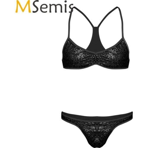 2Pcs Mens Sissy Lingerie Bra Set Sissy Bra Top with Panties Shiny Sequins Spaghetti Strap Cross Back Bra Top with Underwear