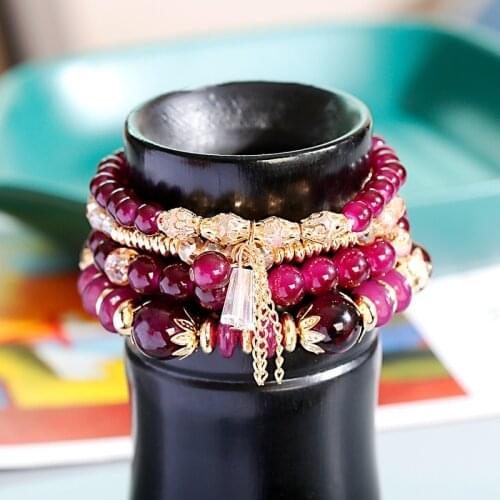 Womens Boho Purple Stone Bracelet Set Fashion Jewelry Pulseras Feminina Blue Crystal Pendant Chain Bracelet Accessories