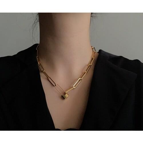 2020 New Stainless Steel Unique Design Lock Pin Chain Necklaces Minimalist Statement Delicate Chokers Women Simple Collar
