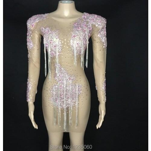 2020 New Design Pink Crystals Fringes Dress Prom Evening Celebrate See Through Mesh Dress Shining Birthday Transparent Dress
