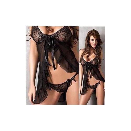 Solid Pattern Elegant Sleepwear G-string Women Charming Fashion Sexy Lingerie Lace Black Baby Dolls Free Size