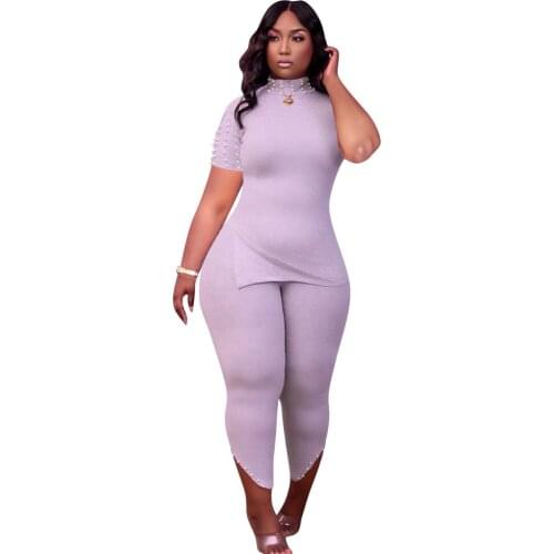 Office Lady Loungewear Sets Women 2 Two Piece Sets Beading Short Sleeve Side Split T-shirt Skinny Legging Fitness Matching Suits