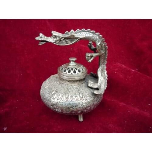 Collectable Ming Dynasty (xuan de1426-1438)Silver Dragon Incense Stove\Censer,Decoration,Free Shipping