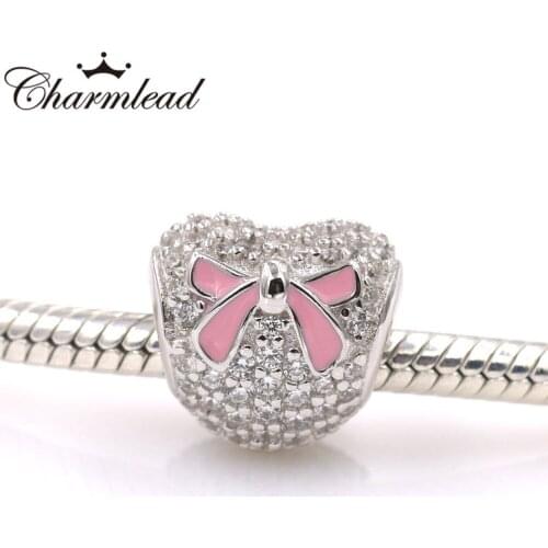 Charmlead 925 Sterling Silver Adornment Charms Pure Love Heart Bowknot Shinning Stone Beads Fit Europe Bracelet Fashion Jewelry