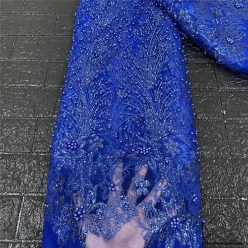 Royal Blue High Quality French 3D Tulle Beaded African Lace Fabric Sequins Embroidered Nigerian Lace Fabrics For Wowen Dress