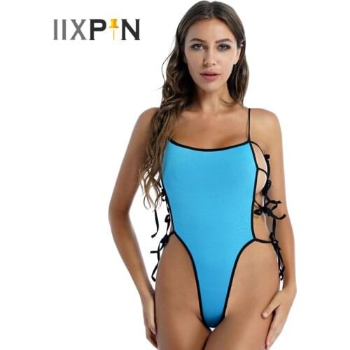 Womens Wet Look Hot Swimwear Lace-up Sides Hollow Out Strappy Skinny Teddies Catsuit Spaghetti Strap Sexy Bikini Bathing Suit