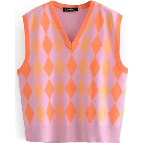 ZA Women 2021 Fashion Diamond Check Color Matching Knitted Vest Sweater V-neck Vintage Sleeveless Female Waistcoat Chic Tops