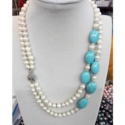 Wedding Women Jewelry 2 Rows Necklace White Natural Freshwater pearl Choker Necklace Oval stone howlite bead