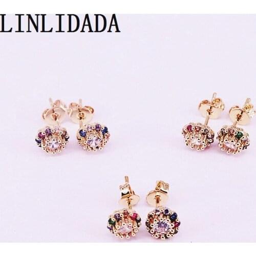 12Pair Trendy jewelry New Gold Filled rainbow cz micro pave round stud earring lovely girls earring gift