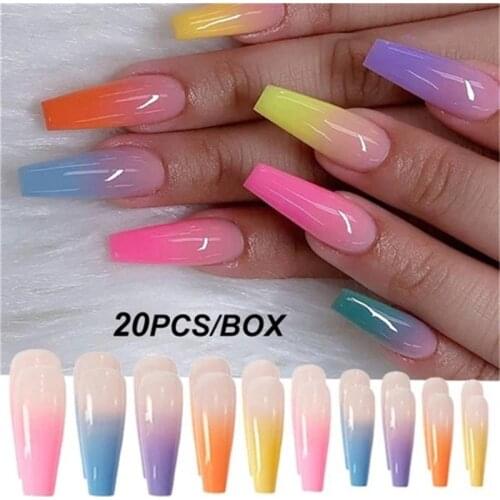 20PCS/Box Colorful Acrylic False Long Coffin Nails Fake Nails Flat Shape Art Tips Natural Full Cover Fake Nail Tips For Manicure