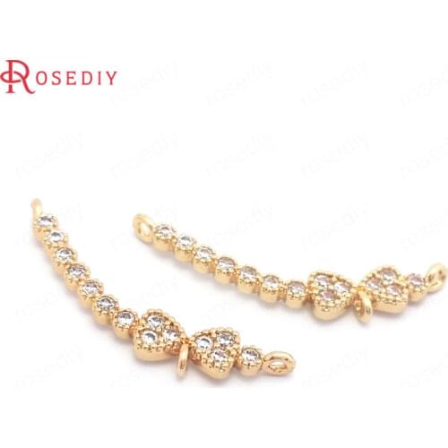 39721)6PCS 7x27MM 24K Gold Color Brass and Zircon with Bow Curve Shape Connect Charms Pendants Jewelry Diy Findings Accessories