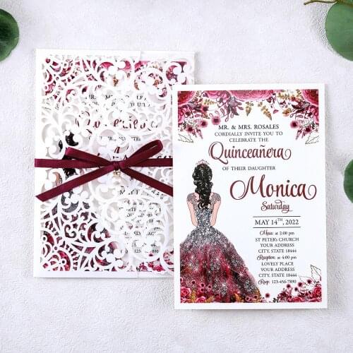 50pcs Burgundy Wedding/Quinceanera Laser Cut Hollow Rose Wedding invitations Cards With Ribbon and Envelopes