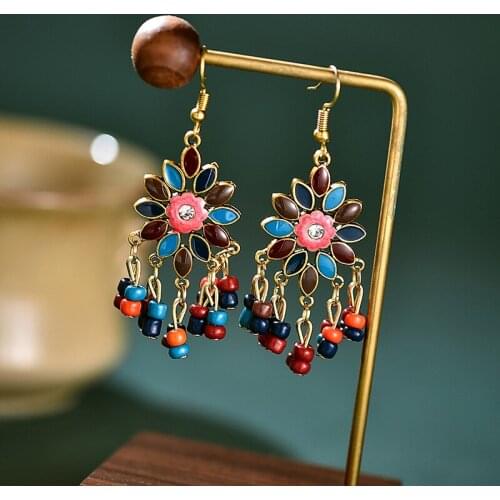 Bohemian Ethnic Flower Ladies Earrings Womens Jhumka Vintage Alloy Carved Beads Tassel Dangle Earrings Indian Jewelry