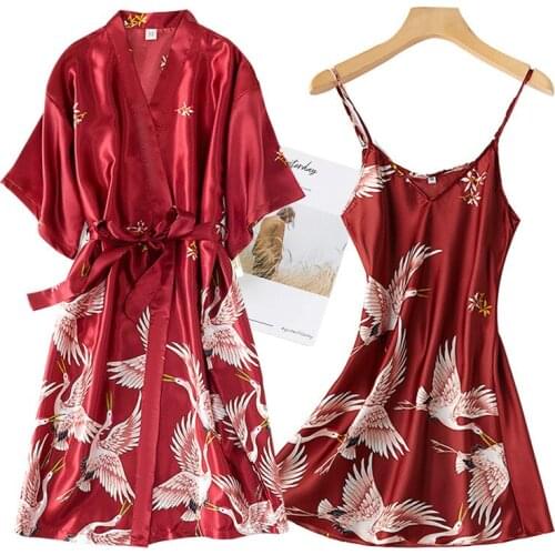 Burgundy Women 2PCS Faux Silk Kimono Robe Gown Sets Sexy Print Crane Nightdress &Bathrobe Lingerie Nightgown Summer Sleepwear