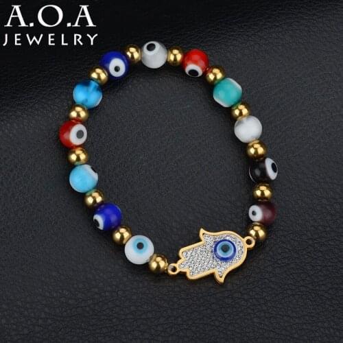 Imitation Pearls Round Beads Ball Bracelets Stainless Steel Hamsa Hand Evil eye Bracelets For Party