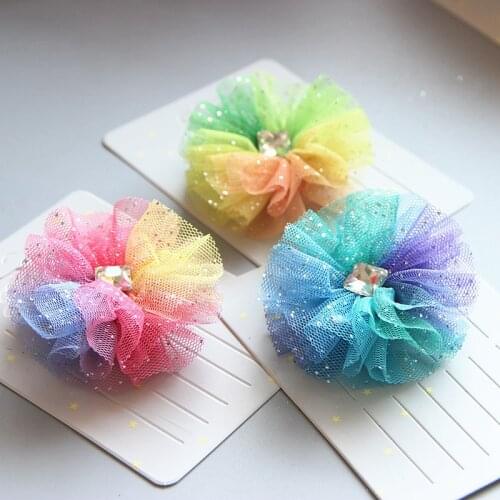 Boutique 15pcs Fashion Glitter Gemstone Cute Gauze Floral Hair Clips Solid Rainbow Flower Hairpins Princess Hair Accessories