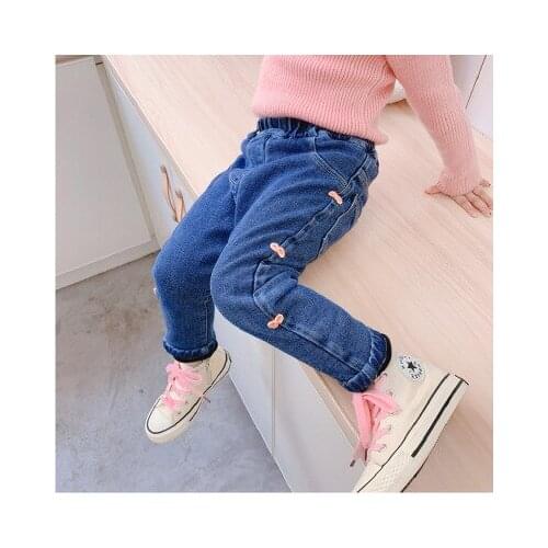 Girls' Trousers Kids Jeans Childrens Bowknot Stretch Velvet Thick Jeans Baby Cowboy Trousers 2020 Winter New Kids Jeans Girls