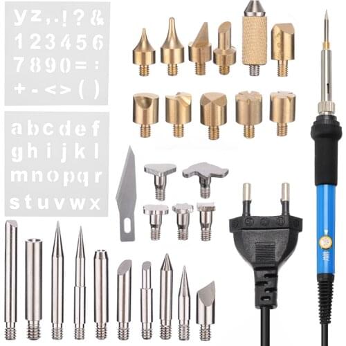 28pcs/set Adjustable Temperature Wood Burning Pen Soldering Tool Craft Tool Set Pyrography Kit Tips EU Plug 60W