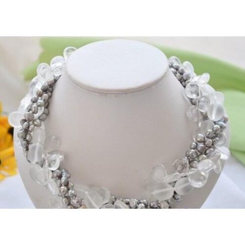 Beautiful 5row 17" gray baroque pearl transparent crystal necklace