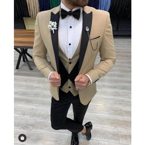 2021 Khaki Men Suits Black Peak Lapel Costume HommeSlim Fit Prom Terno Masculino Blazer Groom Wear 3 Pcs (Jacket+Pant+Vest)