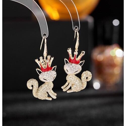 South Koreas New Cute Crown Small Animal Earrings Fun Exaggerated Micro-Inlaid Gem Fox Elegant Sweet Ear Jewelry Female