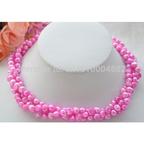 NEW 3row 17" 7-8mm showy pink baroque freshwater pearl necklace