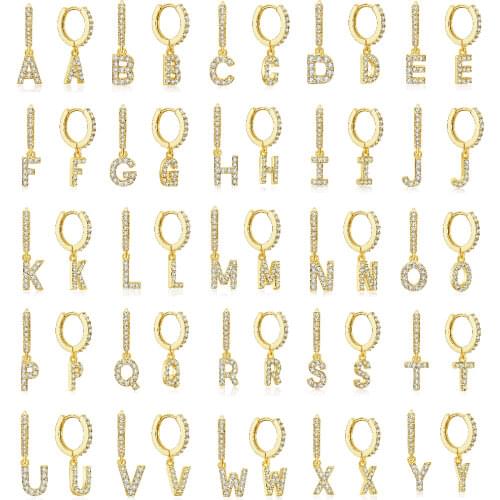 Silver Gold Color Clear Zircon 26 English Alphabet Hoop Earrings for Women Circle Dangle Drop Earring Letter A M S T Wholesale