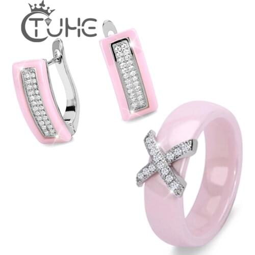 Romantic Ceramic Jewelry Sets White Crystal Romantic Pink U Shape Stud Earrings Pink X Cross Rings Jewelry Set for Women Gift