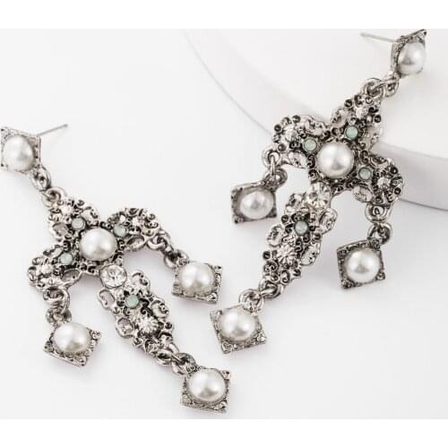 Luxury Retro Baroque Big Cross Earrings Women Gold Silver Color Vintage Long Earrings Femme Faux Pearl ZA Earrings Jewelry 2020
